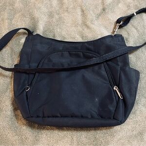 Travelon Classic Antitheft Crossbody Bucket Bag Navy RFID Locking Zippers Travel